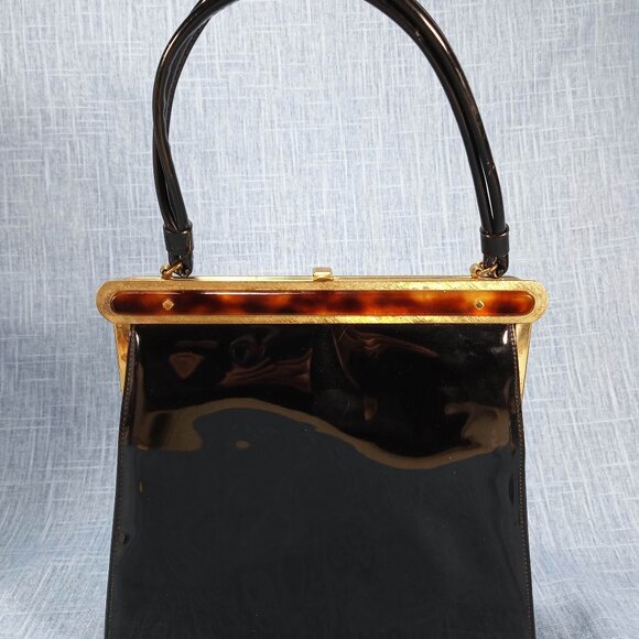 1950s Vintage Black Patent Leather Purse with Tortoise Detail by Ingber - Picture 1 of 5